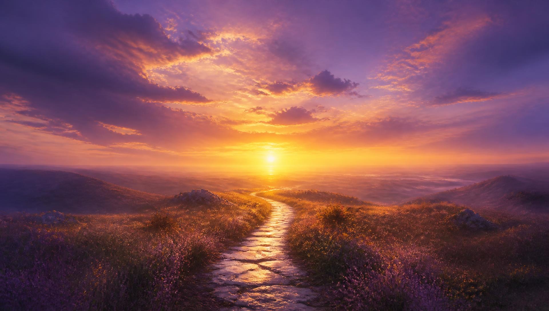 A winding stone path through open hills leading toward a glowing amber horizon beneath a plum and mauve sky