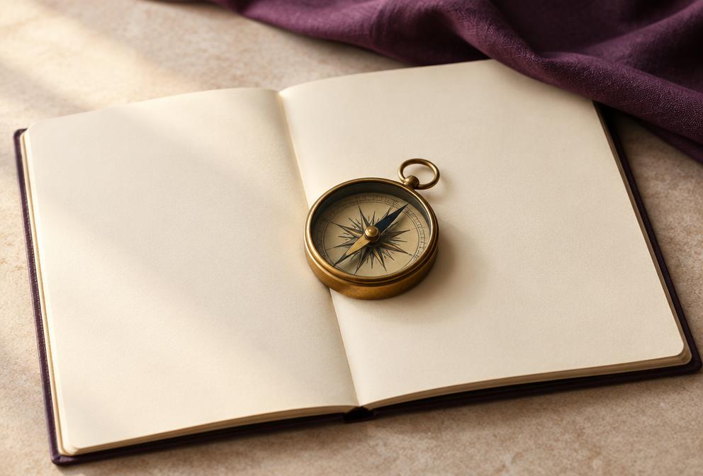 A brass compass on an open notebook, symbolizing a new direction