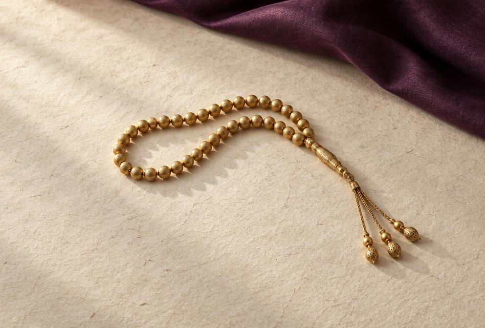 Golden prayer beads on cream paper beside plum fabric