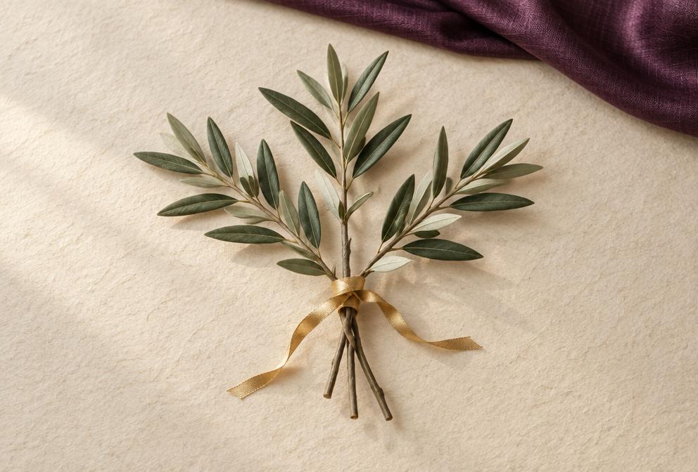 Olive branches bound together with a gold ribbon