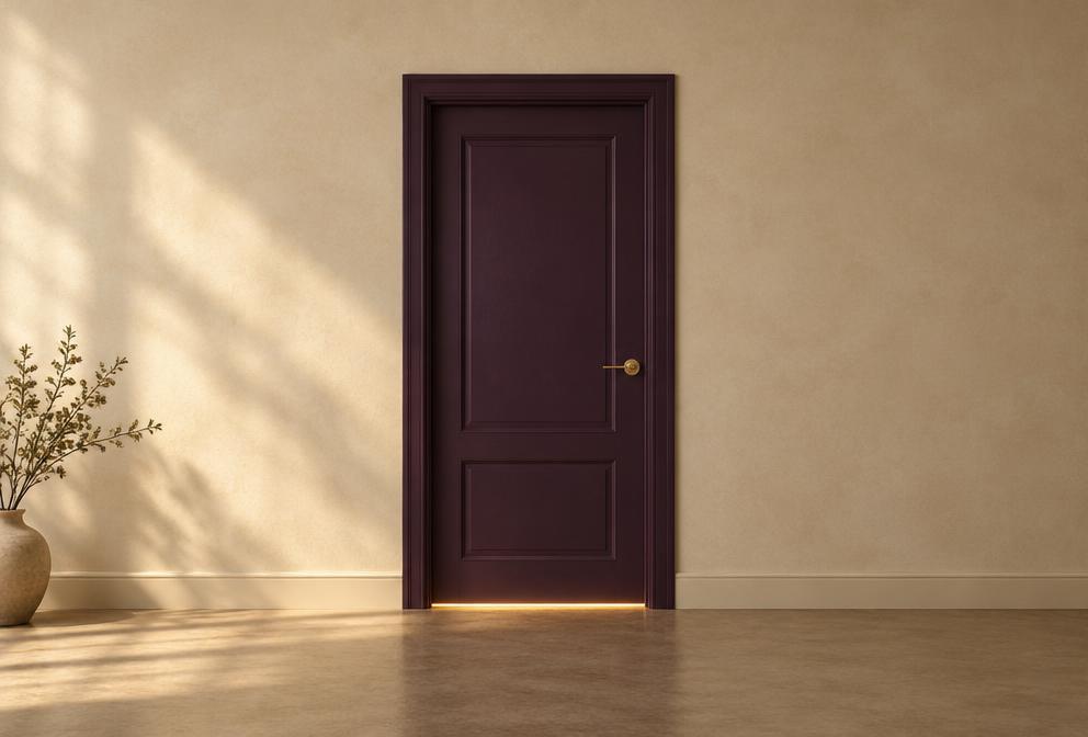 A closed plum door with golden light beneath the threshold
